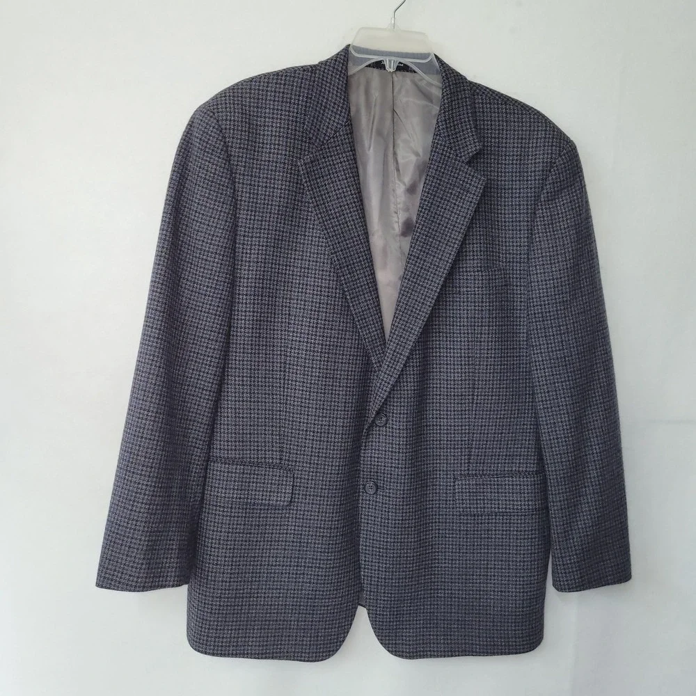 Chaps Men's 46R Wool‎ Tweed Houndstooth Blazer Sport Coat Gray Blue Two Button